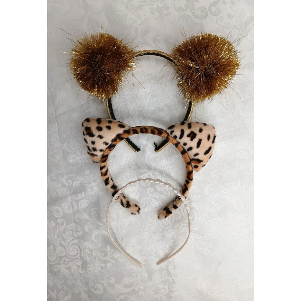 Girls Headband Lot  of 3: Gold LOL Surprise, Animal Print Cat Ears, Hearts
